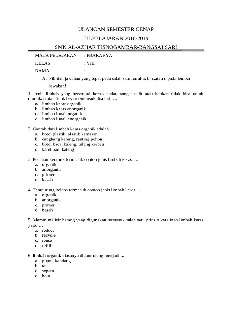 Soal Prakarya Kelas 8 Semester 2 PDF
