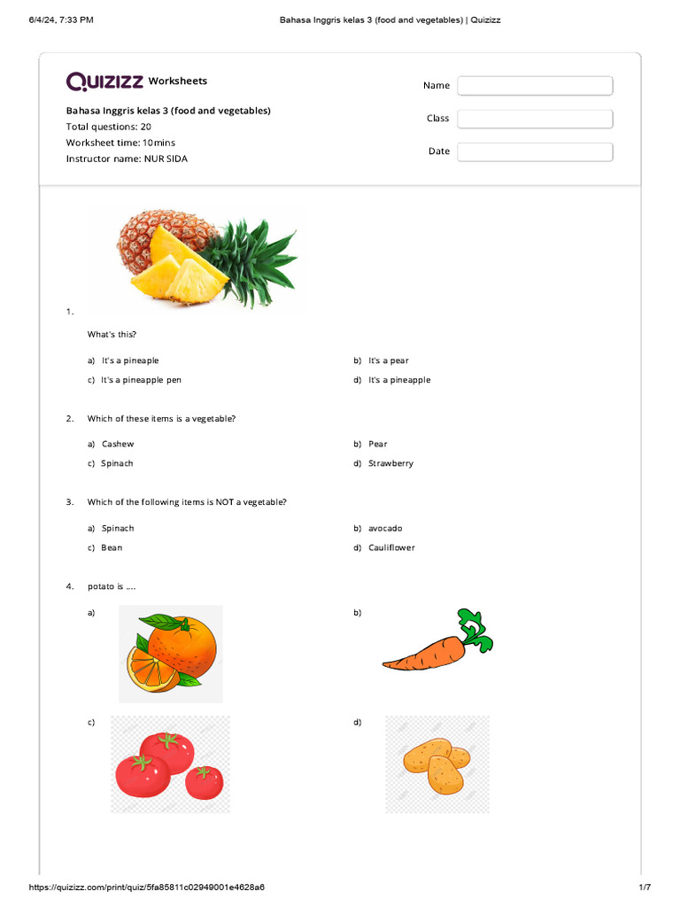 Bahasa Inggris Kelas 3 Food and Vegetables - Quizizz PDF Foods Bahasa Inggris Kelas 3 Food and Vegetables - Quizizz PDF Foods