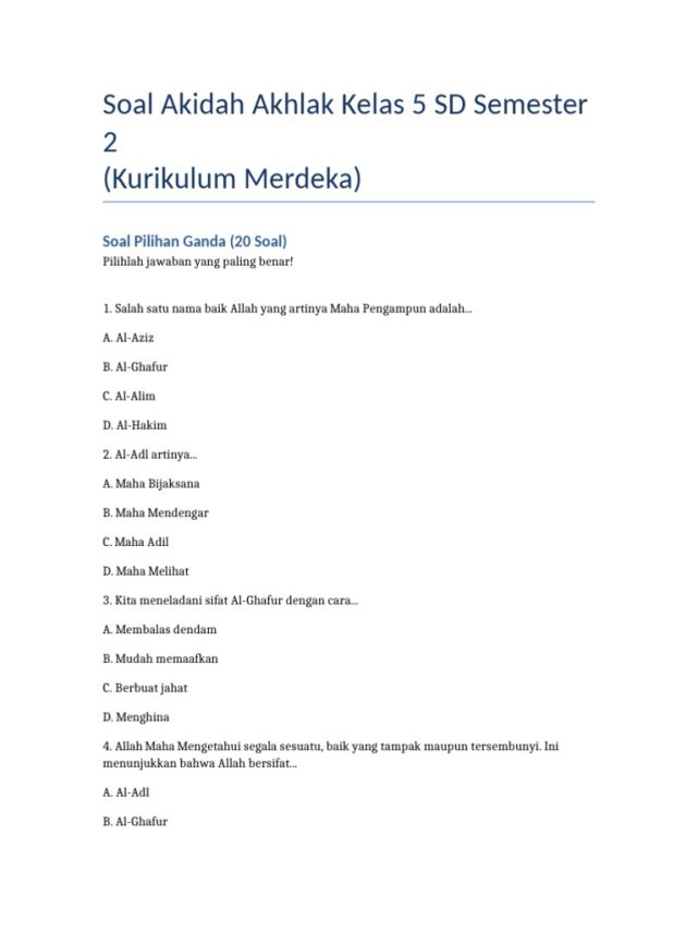 Bocoran Soal Akidah Akhlak Kelas 5 Semester 2 dan Kunci Jawaban Terbaru Tahun 2026