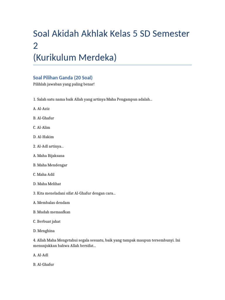 Bocoran Soal Akidah Akhlak Kelas 5 Semester 2 dan Kunci Jawaban Terbaru Tahun 2026 Bocoran Soal Akidah Akhlak Kelas 5 Semester 2 dan Kunci Jawaban Terbaru Tahun 2026