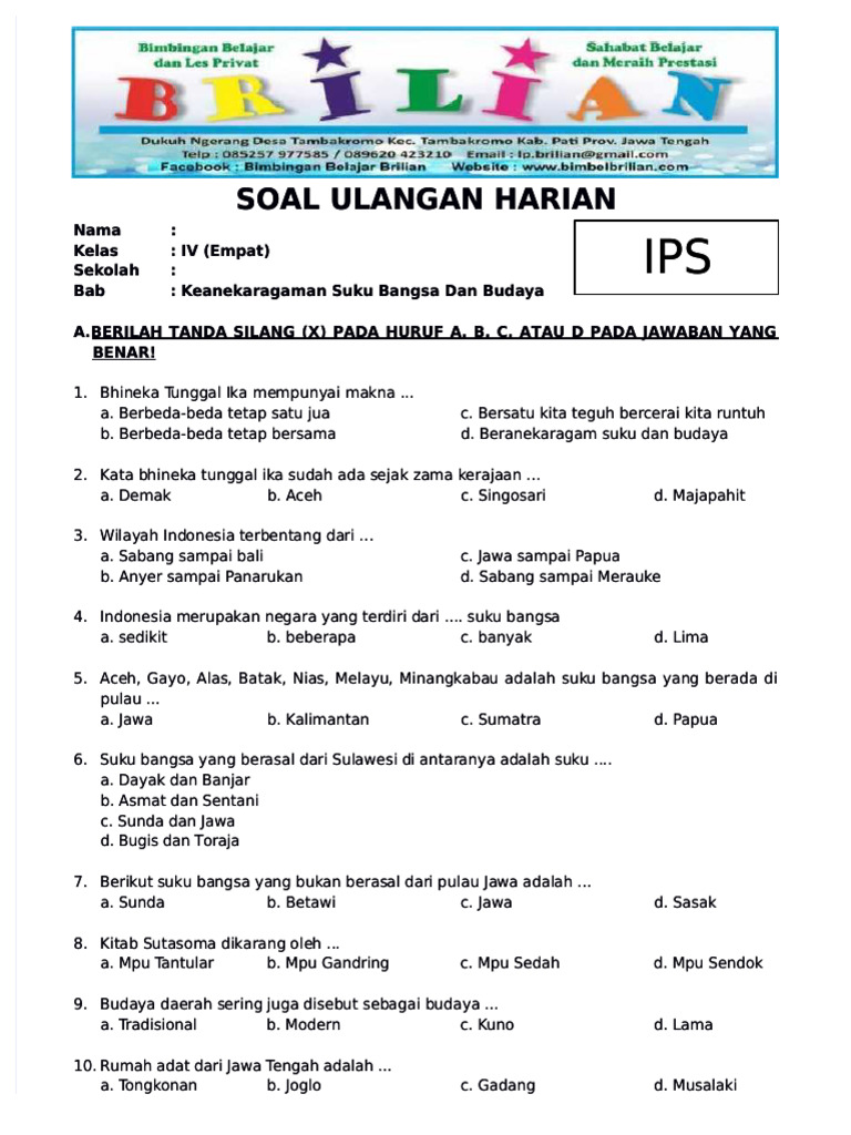 PDF Soal Ips Kelas 4 SD Bab 4 Keanekaragaman Suku Bangsa Dan Budaya Dan PDF Soal Ips Kelas 4 SD Bab 4 Keanekaragaman Suku Bangsa Dan Budaya Dan
