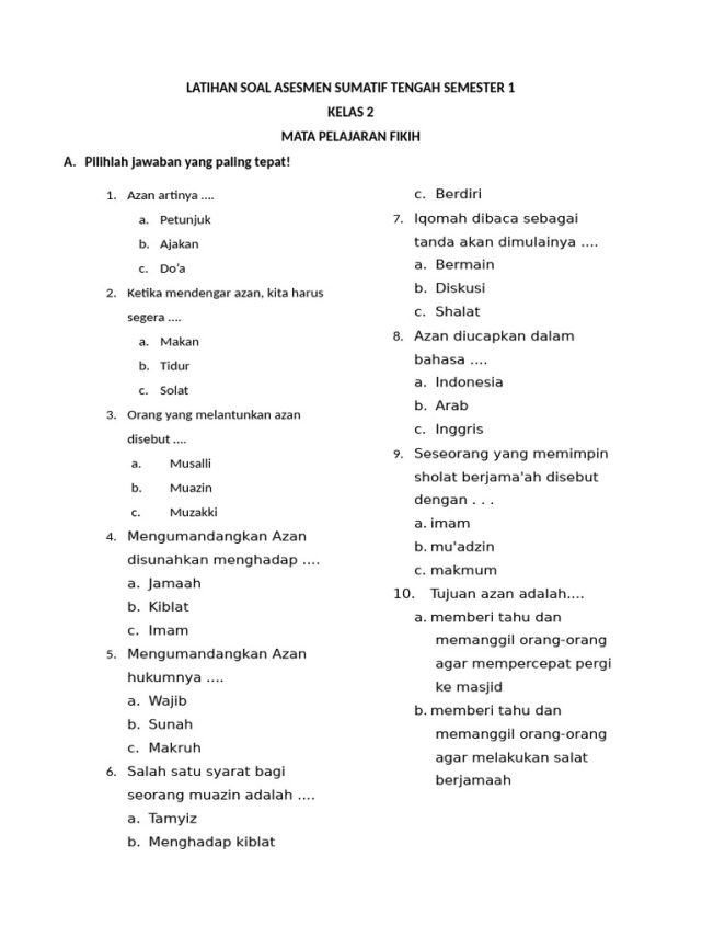 5 Soal Fiqih Kelas 2 Semester 1 Bab Adzan dan Iqomah Ini Wajib Dikuasai Sebelum Ujian