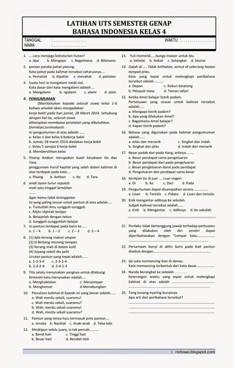 7 Soal Bahasa Indonesia Kelas 4 Semester 2 Kurikulum 2013 Wajib Dikuasai untuk STS 2026