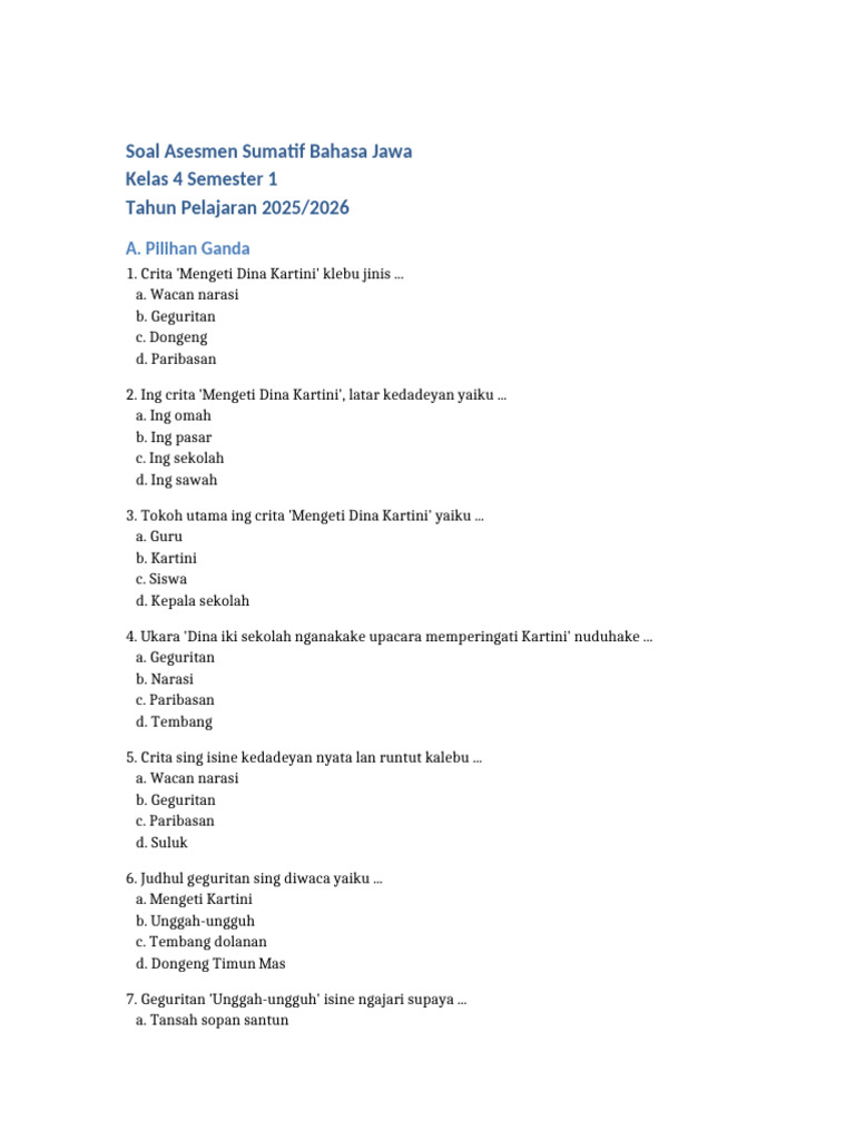 Soal STS Bahasa Jawa Kelas 4 Semester 1 PDF Soal STS Bahasa Jawa Kelas 4 Semester 1 PDF