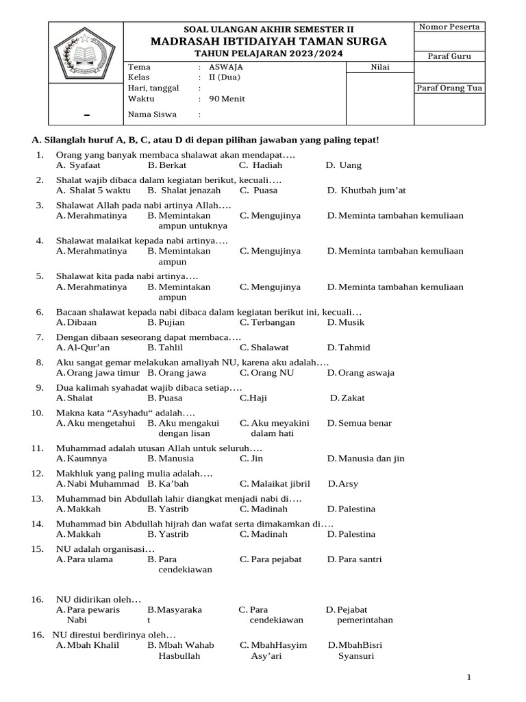 Soal UAS ASWAJA Kelas II MI Taman Surga PDF Soal UAS ASWAJA Kelas II MI Taman Surga PDF