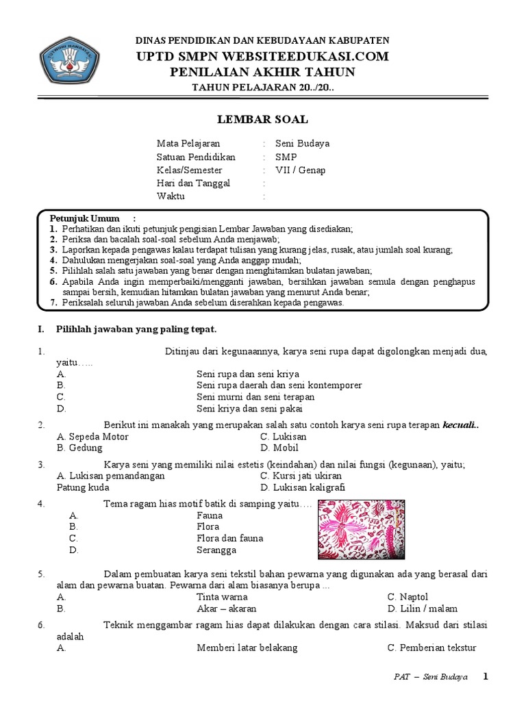 Soal PAT Seni Budaya Kelas 7 K13 PDF Soal PAT Seni Budaya Kelas 7 K13 PDF