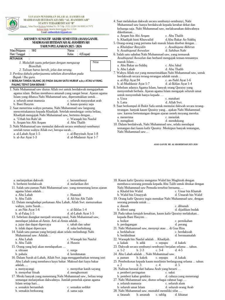 Soal SKI Kelas 4 MI Al-Hamidiyah PDF Soal SKI Kelas 4 MI Al-Hamidiyah PDF