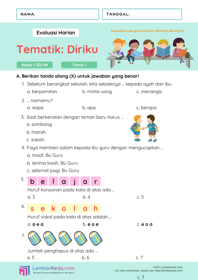 Ternyata Ada Bank Soal Soal Tema 4 Subtema 4 Kelas 1 Siap Cetak, 5 Lembar Kerja Wajib Dimiliki!