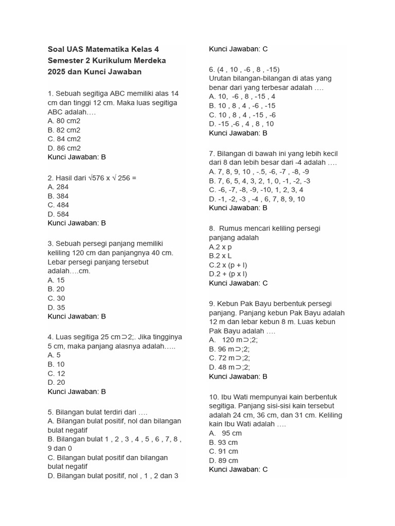 Soal UAS Matematika Kelas 4 Semester 2 PDF Soal UAS Matematika Kelas 4 Semester 2 PDF