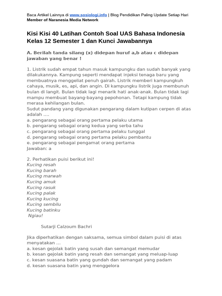 7 Contoh Soal UAS Bahasa Indonesia Semester 1 Kelas 12 yang Bisa Tingkatkan Nilai Anda