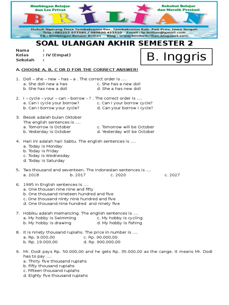 7 Contoh Soal UAS Bahasa Inggris Kelas 4 SD Semester 1 yang Wajib Diketahui Sekarang