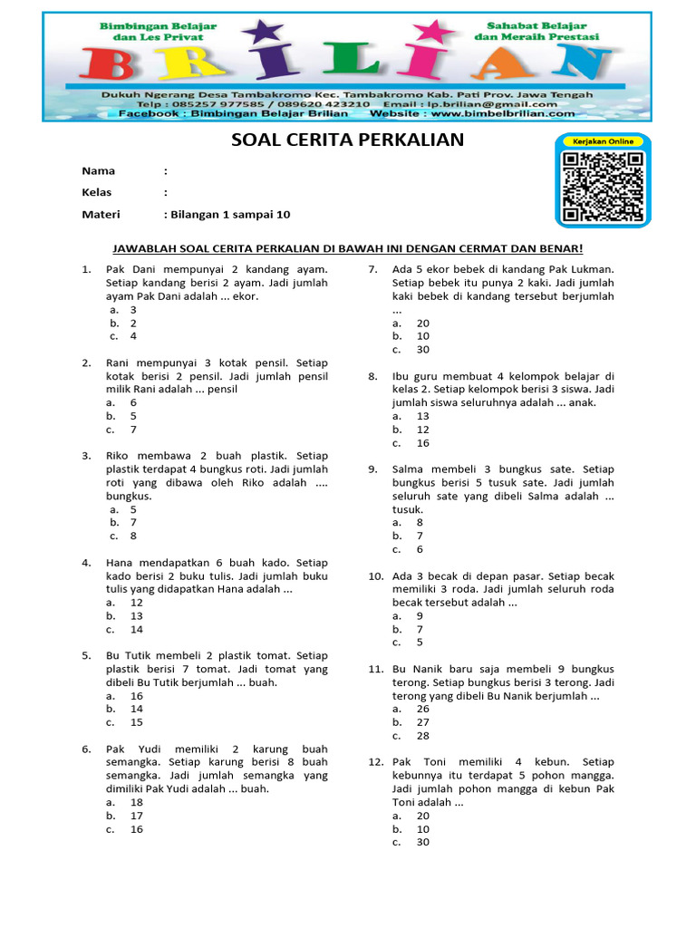 Soal Cerita Perkalian Level 1 Kelas 2 SD Bilangan 1 Sampai 10 PDF