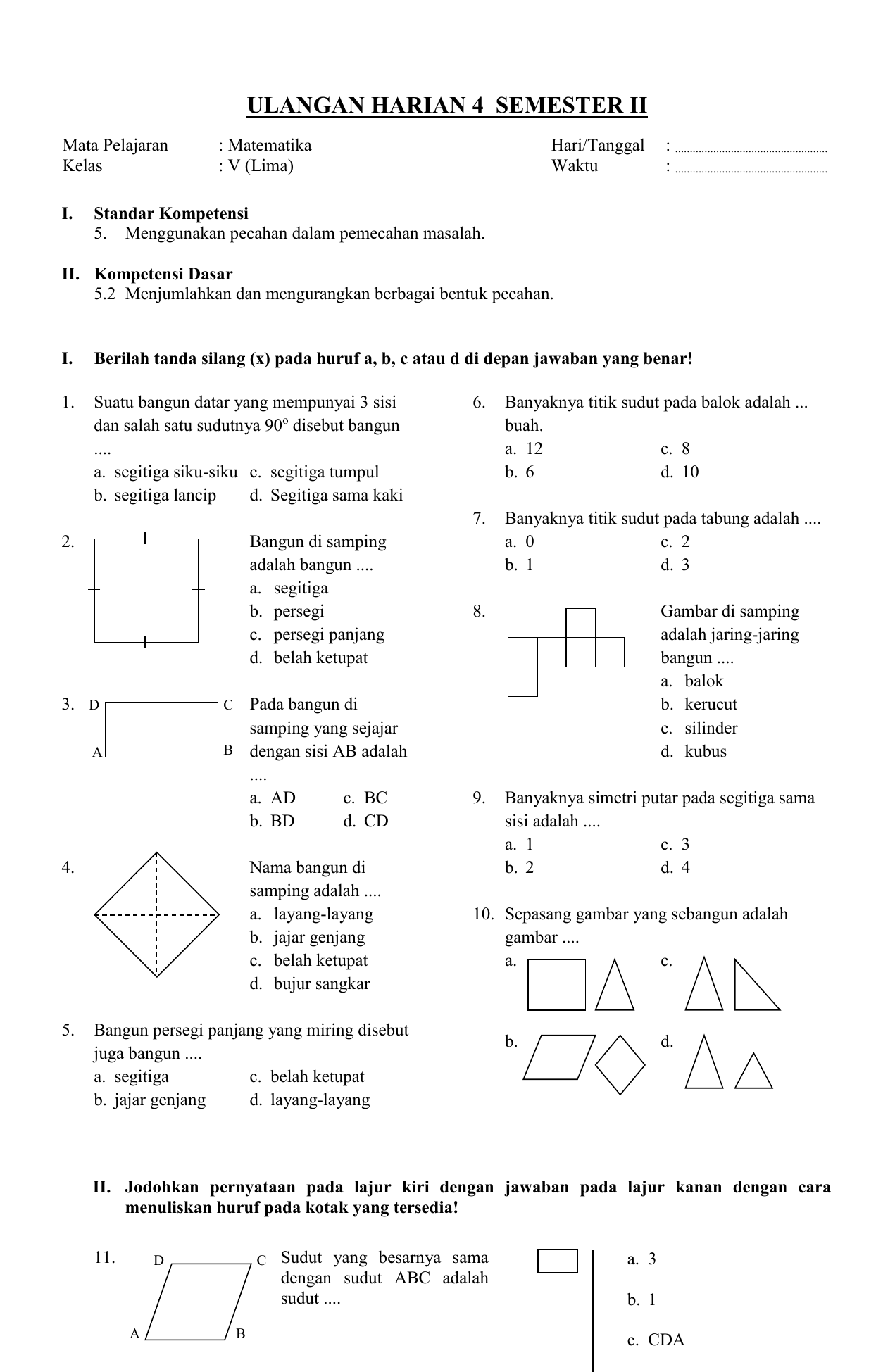 39 Soal Penilaian Harian Matematika Kelas 4 Semester 2 Bangun Datar
