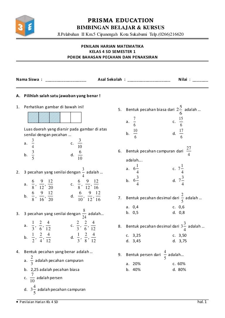 Contoh soal matematika sd kelas 4 dan pembahasannya stakmanokwari ac id