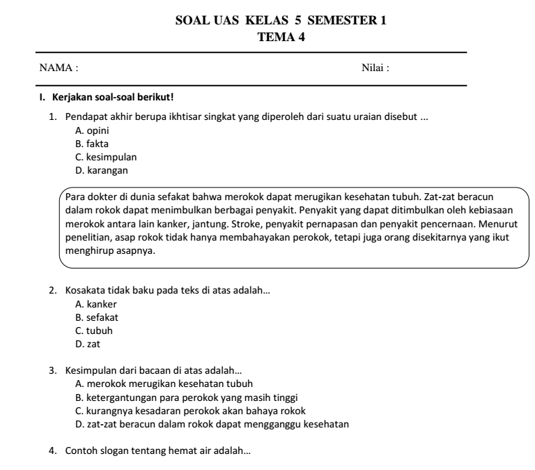 Contoh Soal UAS Kelas 5 Tema 4 Kurikulum 2013: 7 Tipe Soal Wajib Dikuasai Sebelum Terlambat