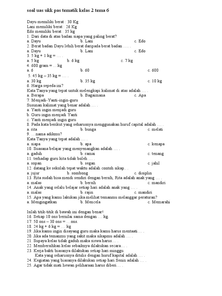 Soal UTS Kelas 2 Tema 6 Semester 2 PDF Gaya Hidup Soal UTS Kelas 2 Tema 6 Semester 2 PDF Gaya Hidup