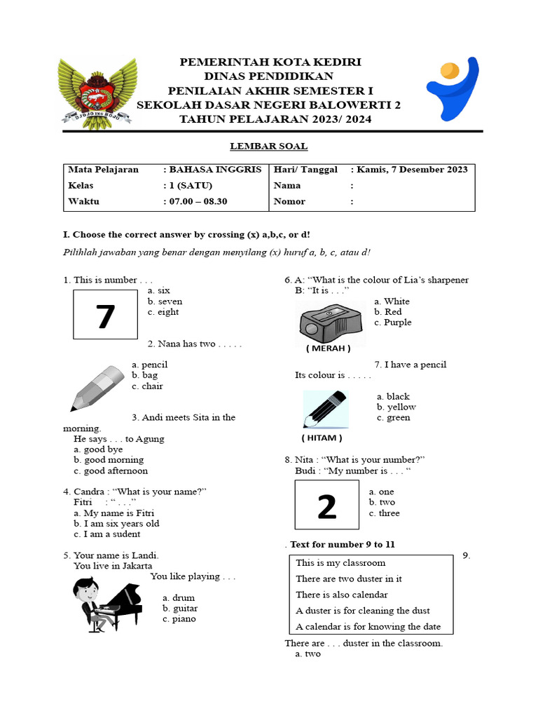 contoh soal uas bahasa inggris kelas 1 sd semester 1