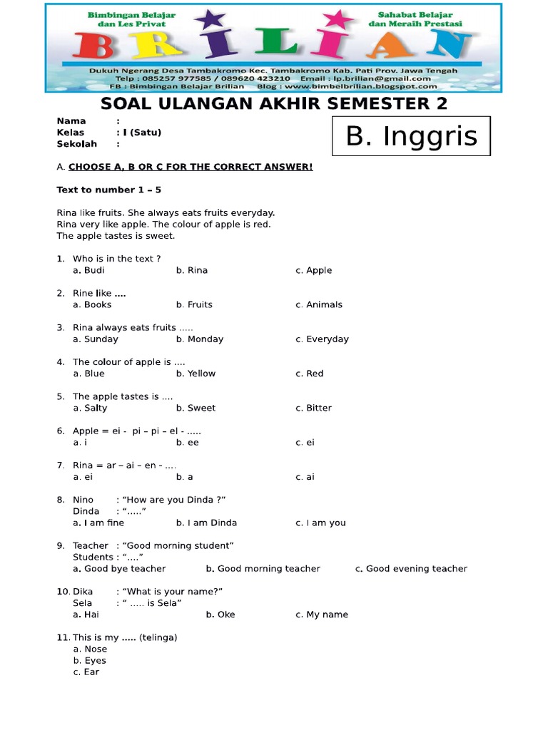 contoh soal uas bahasa inggris kelas 3 sd semester 1 contoh soal uas bahasa inggris kelas 3 sd semester 1