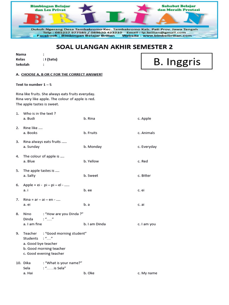 contoh soal uas bahasa inggris sd kelas 1 semester 2
