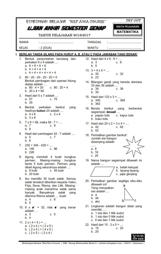 contoh soal uas matematika kelas 4 sd semester 2