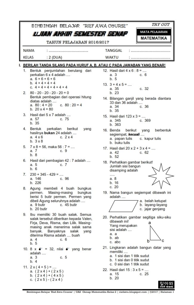 contoh soal uas matematika kelas 4 sd semester 2