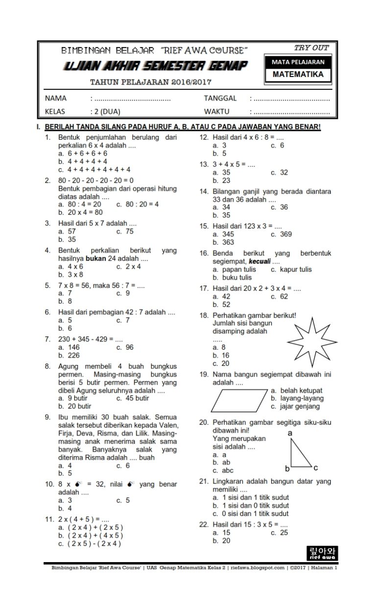contoh soal uas matematika kelas 4 sd semester 2