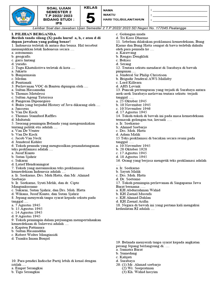 soal ujian kelas 5 semester 2 2022 soal ujian kelas 5 semester 2 2022