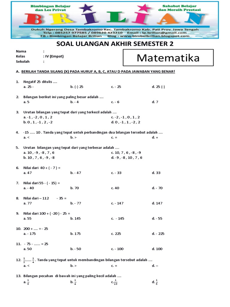 soal ulangan matematika kelas 4 semester 2